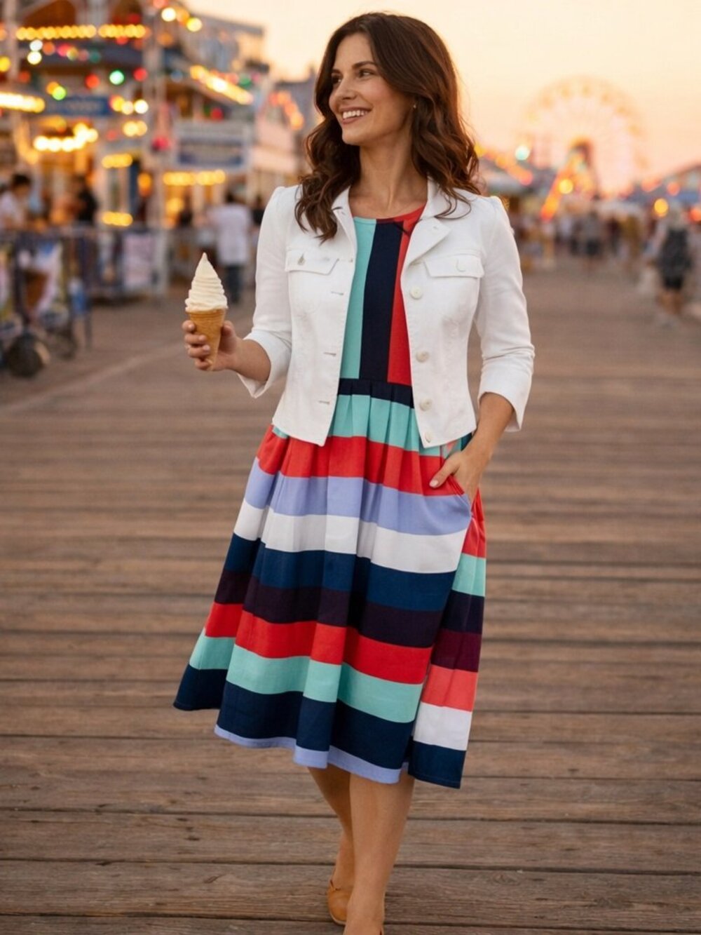 LuLaRoe Multicolor Striped Midi Dress Pleated Waist Pockets Size S
